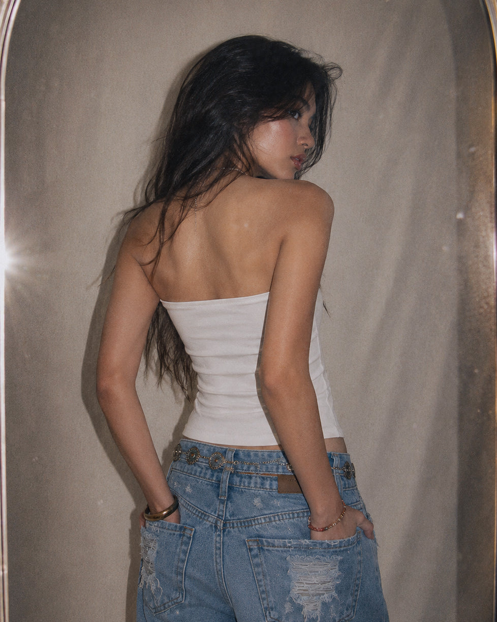 BUTTERFLIES AND EGO PADDED SEQUIN WHITE BANDEAU TOP