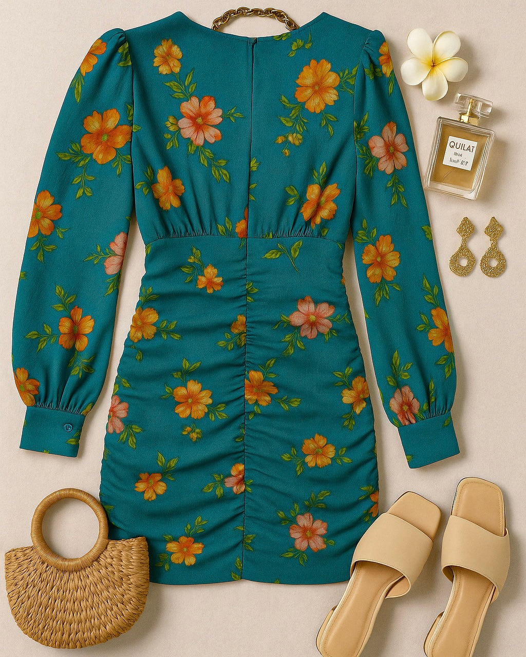 VACAY DAME FLORAL RUCHED LUXE DRESS