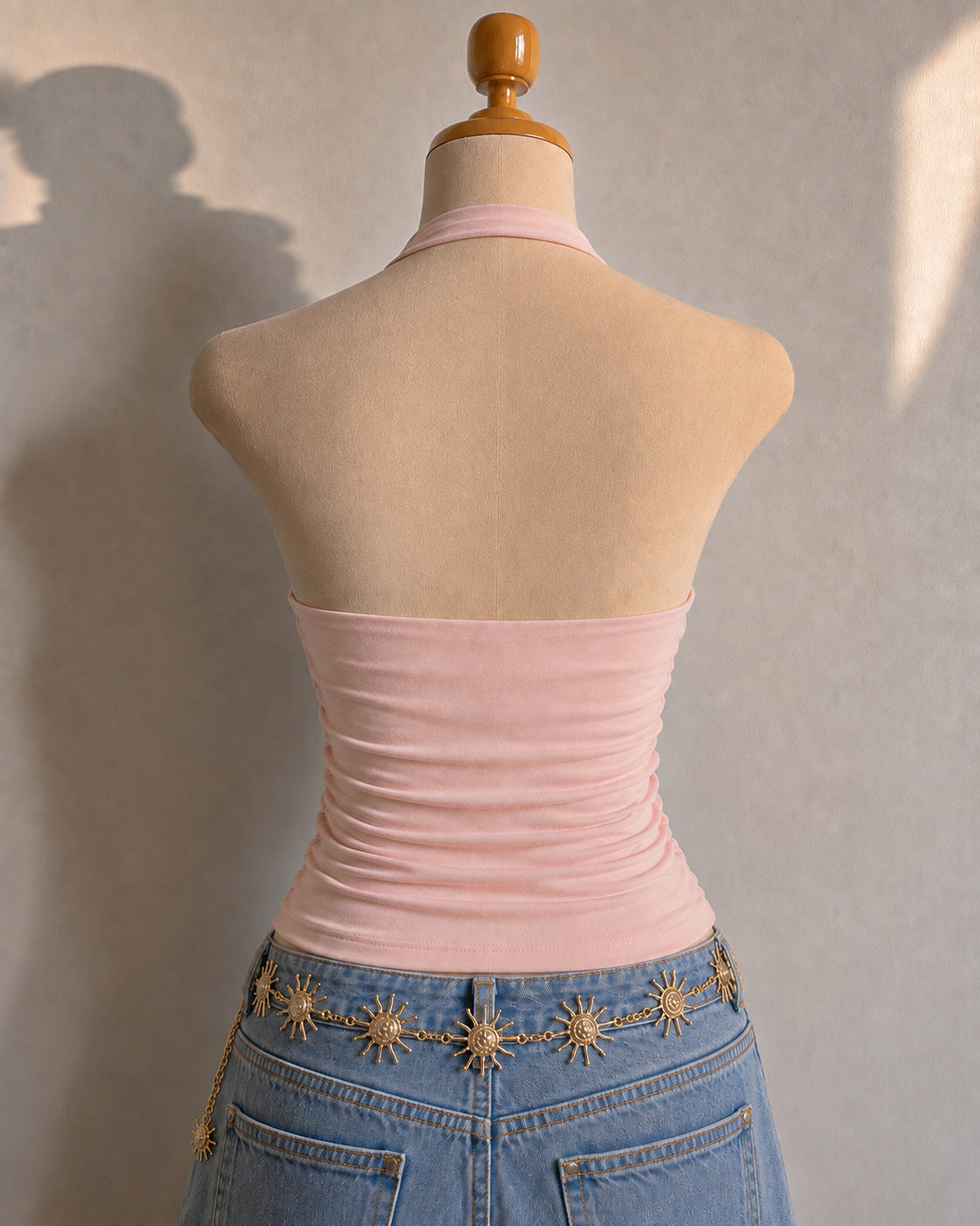 BROWNIE POINTS PADDED METAL DETAIL RUCHED BLUSH HALTERNECK TOP
