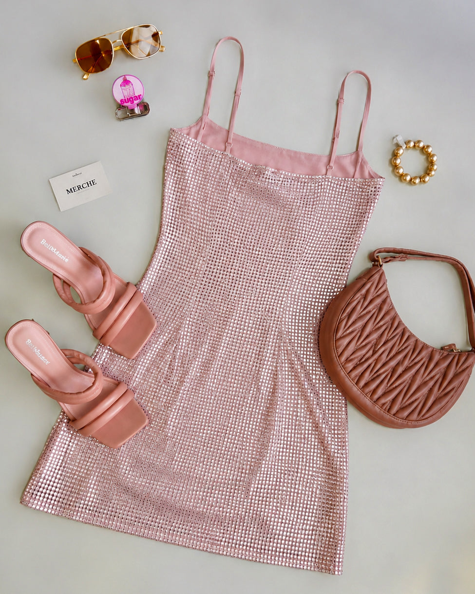 BREATHTAKING BEAUT METALLIC FOIL BLUSH SLIP DRESS