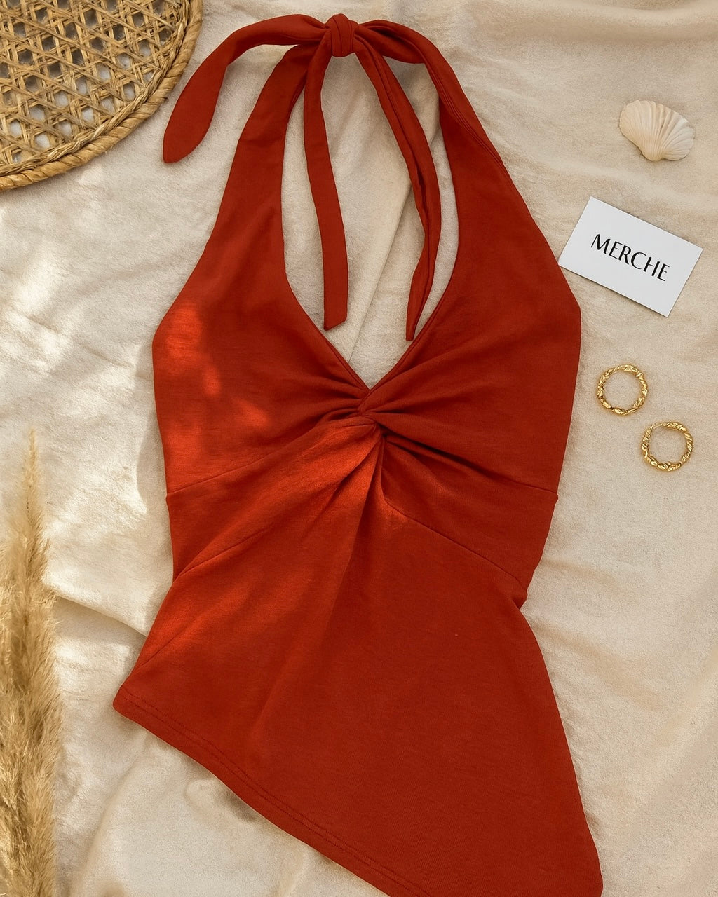 WHY STRESS TWISTED ASYMMETRICAL RED HALTERNECK TOP