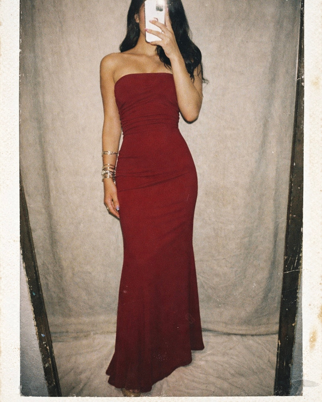 BLOOD MOON LUXE RED STRAPLESS MAXI DRESS