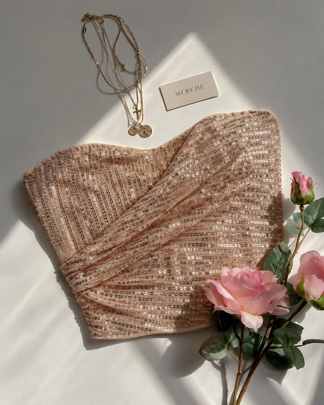 ALWAYS A SHOWOFF SEQUIN DRAPE BANDEAU TOP