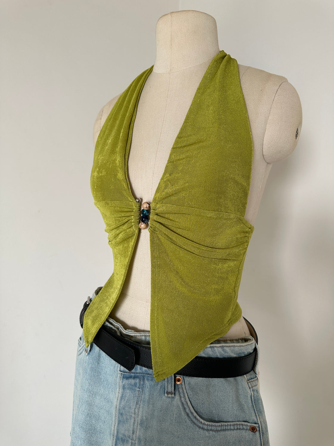 OFFSTAGE GLAM BEADED GREEN HALTERNECK TOP