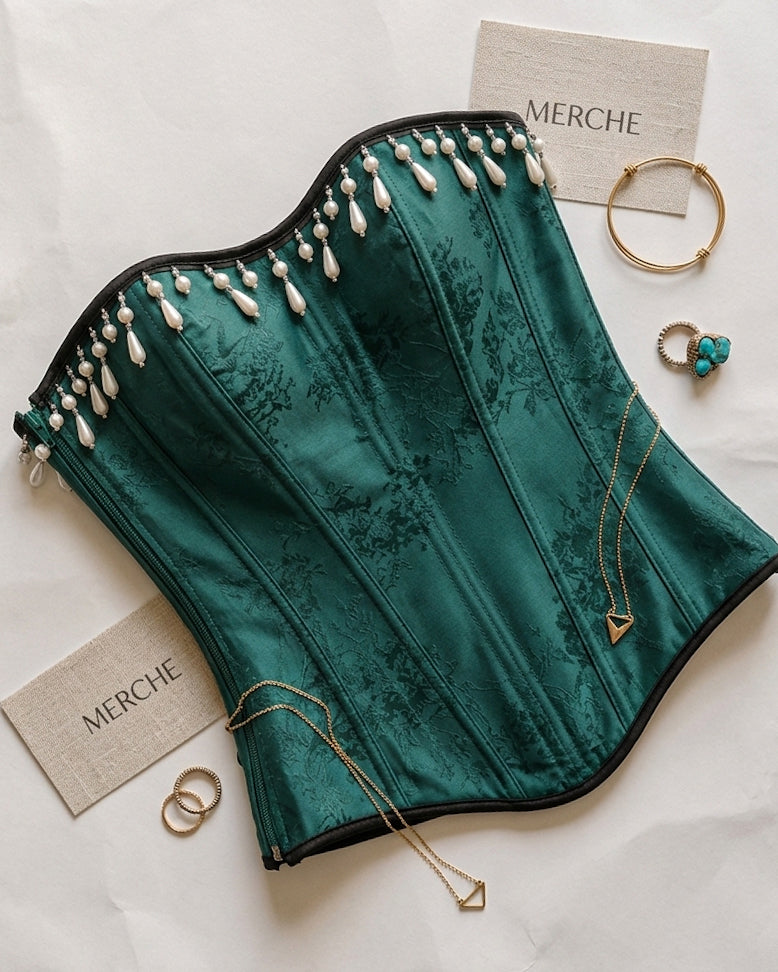 CALL HER ROYALTY PEARL DETAIL LUXE EMERALD CORSET
