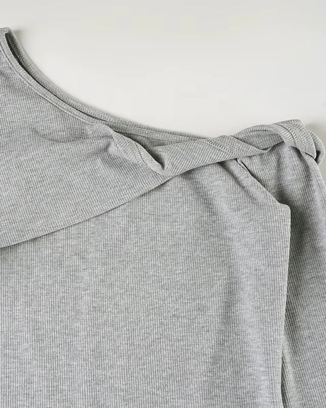 SASS FOR BREAKFAST RIBBED OFF-SHOULDER GREY TOP