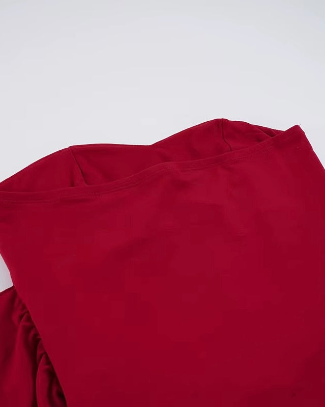 A WINTER TALE RED LUXE RUFFLE BANDEAU DRESS