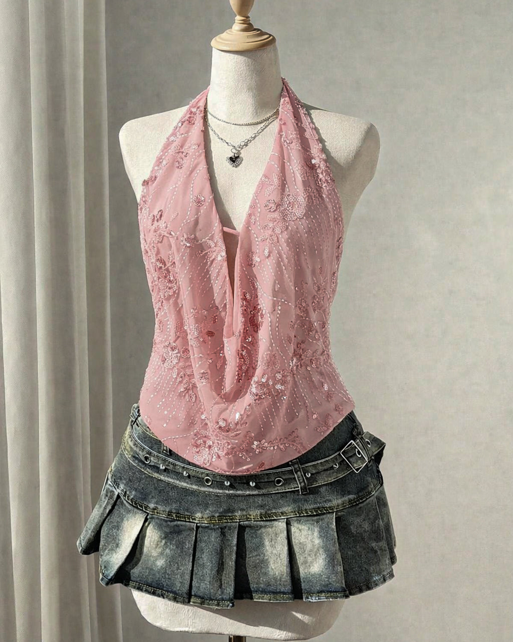 COSMIC DANCE EMBROIDERED SOFT PINK HALTERNECK TOP