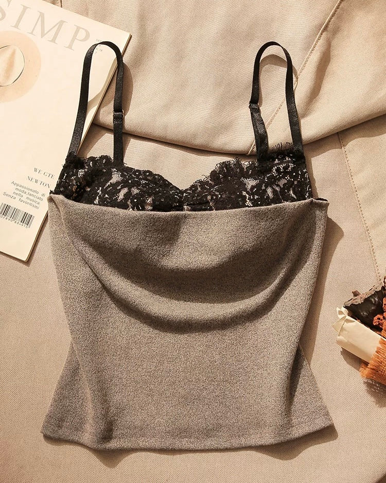 HEY LOOKER LACE TRIM GREY LUXE CAMI TOP