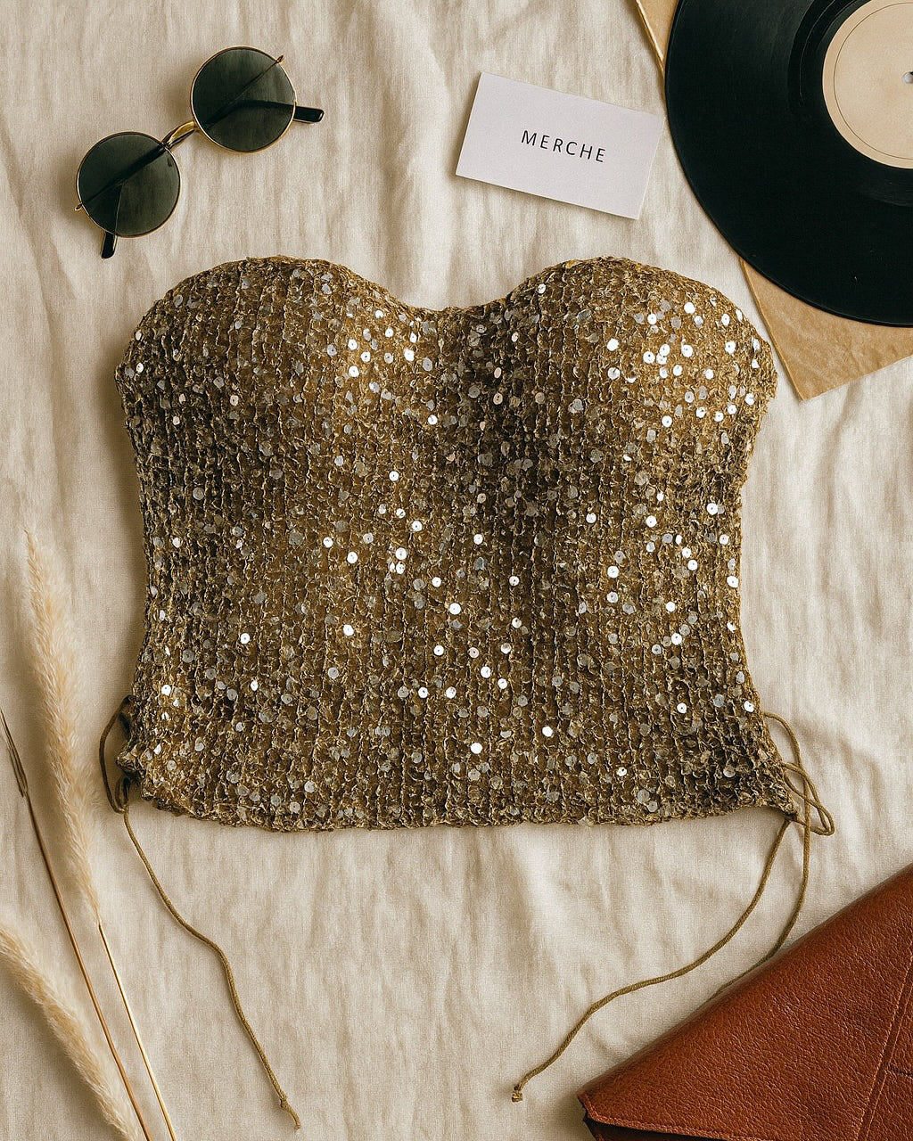 VALLEY GIRL SIDE LACE-UP BROWN SEQUIN CORSET TOP