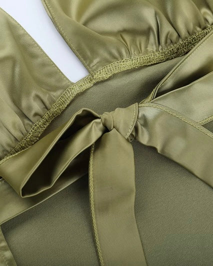 DAWN ON ME OLIVE LUXE SATIN BOW-BACK HALTERNECK TOP
