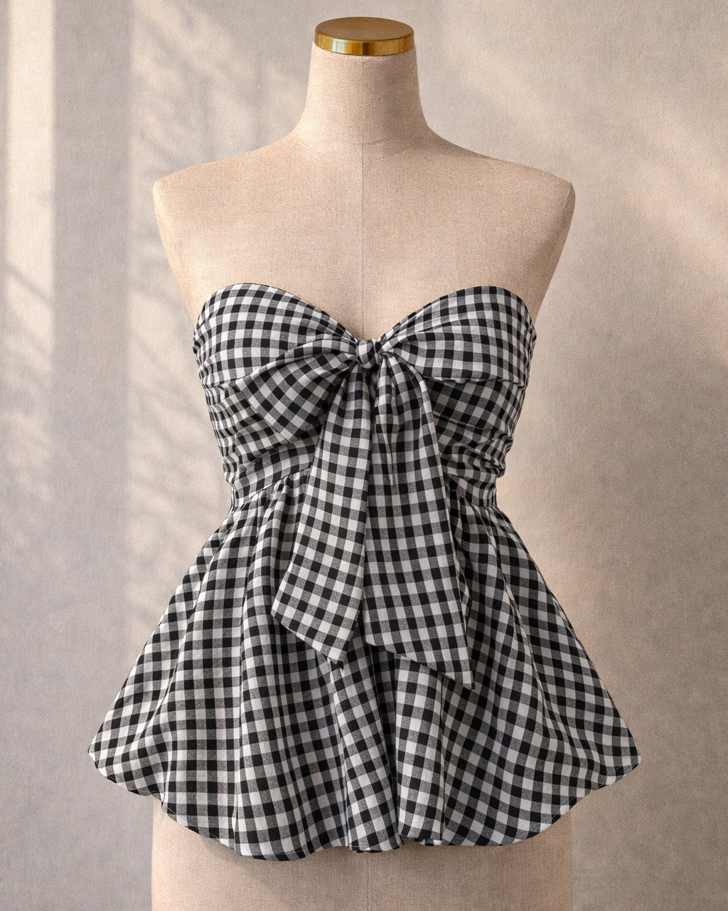CHECKMATE BABE PADDED BOW BLACK GINGHAM TOP