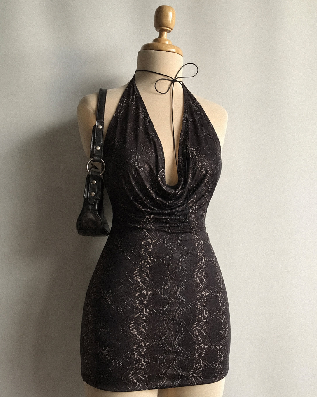 WILD TEMPLE PRINTED COWL LUXE HALTERNECK DRESS
