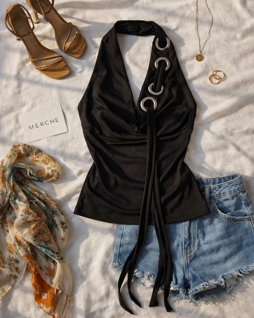 ENOUGH SAID METAL DETAIL BLACK HALTERNECK TOP