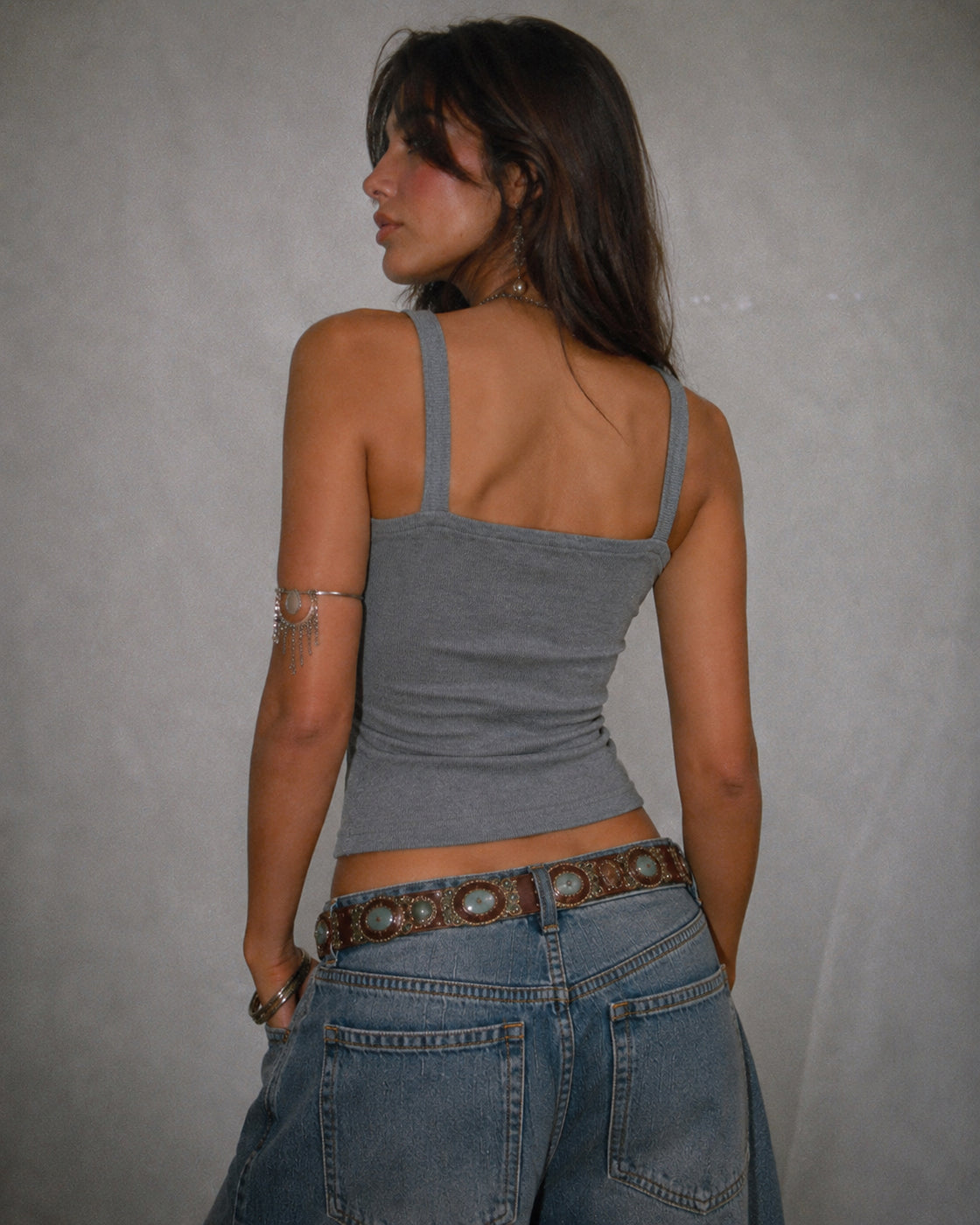 CUTE BUT FERAL APPLIQUE LUXE GREY ASYMMETRICAL CAMI TOP