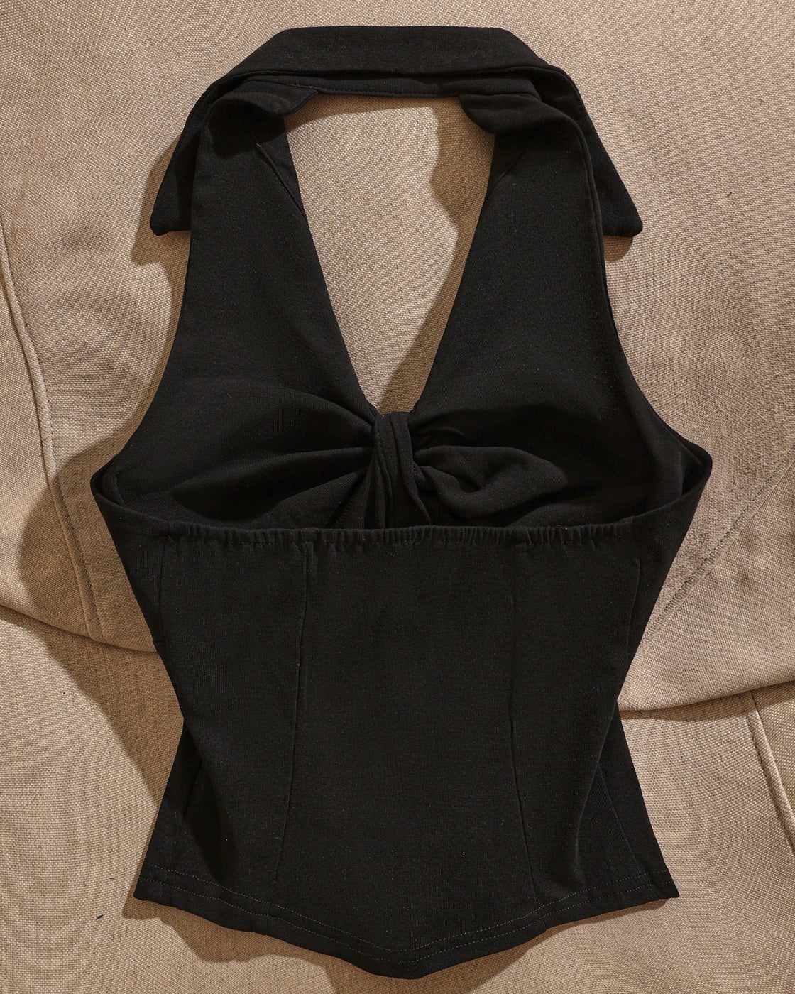 NEXT VOYAGE TWISTED FRONT COLLARED HALTER TOP