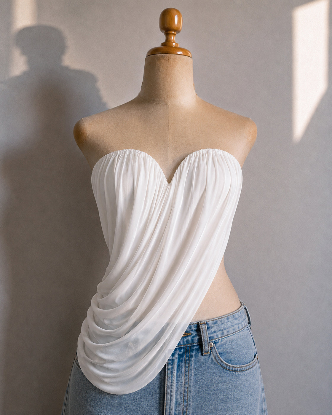 BAE CLUB DRAPED ASYMMETRICAL STRAPLESS WHITE TOP