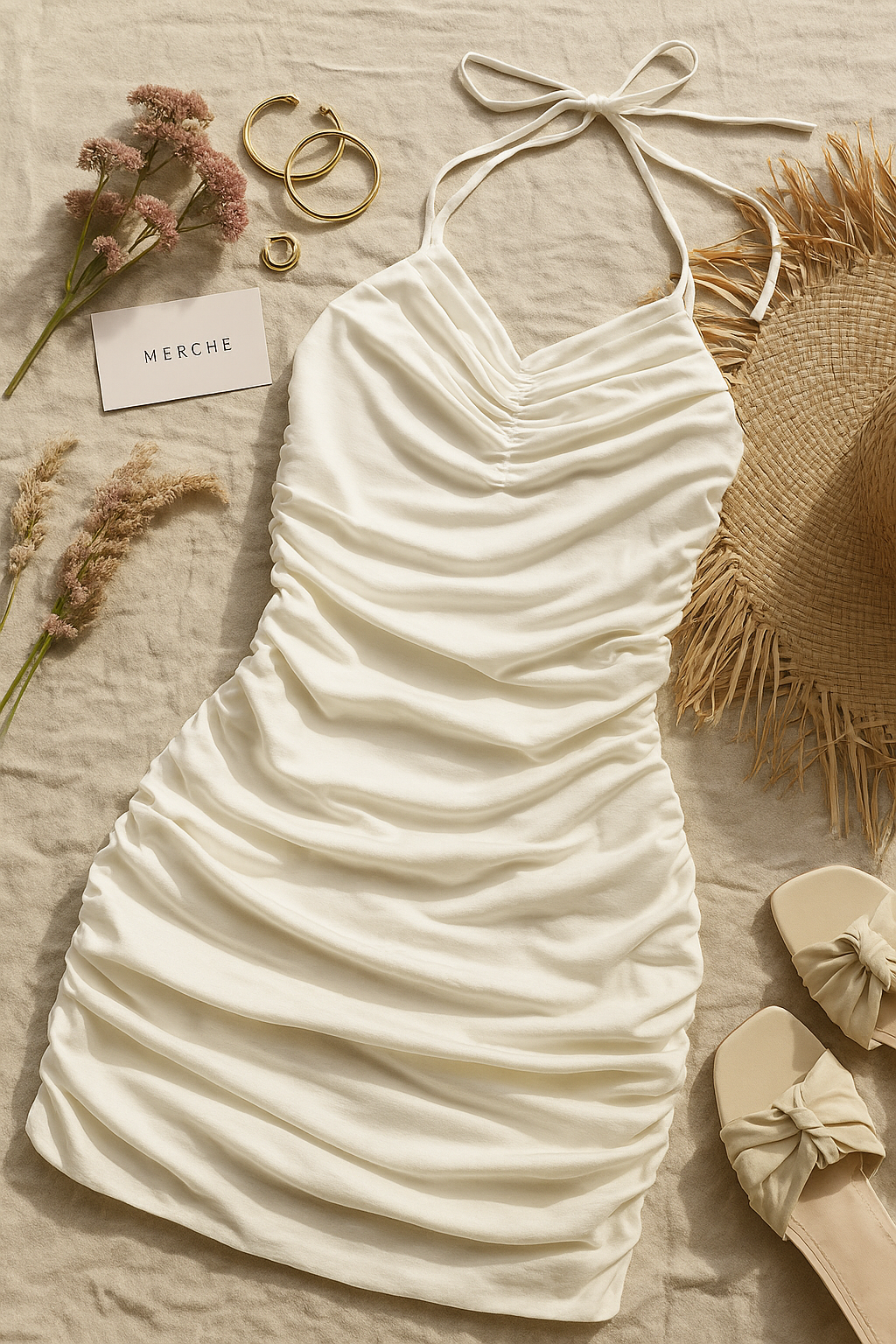 SO FLY WHITE RUCHED HALTERNECK DRESS