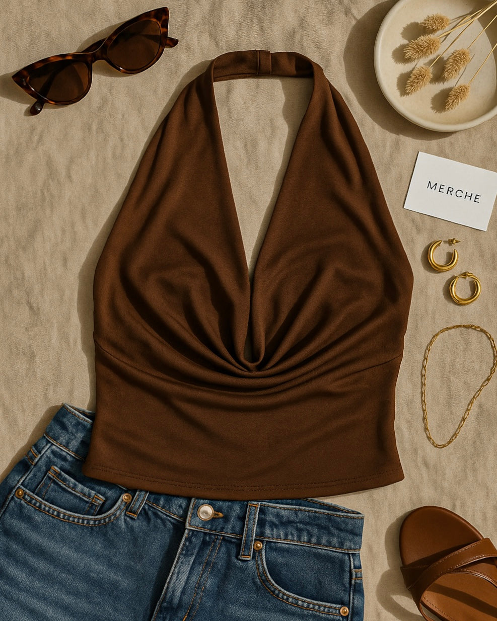 SLAY BELLE BROWN COWL HALTERNECK TOP