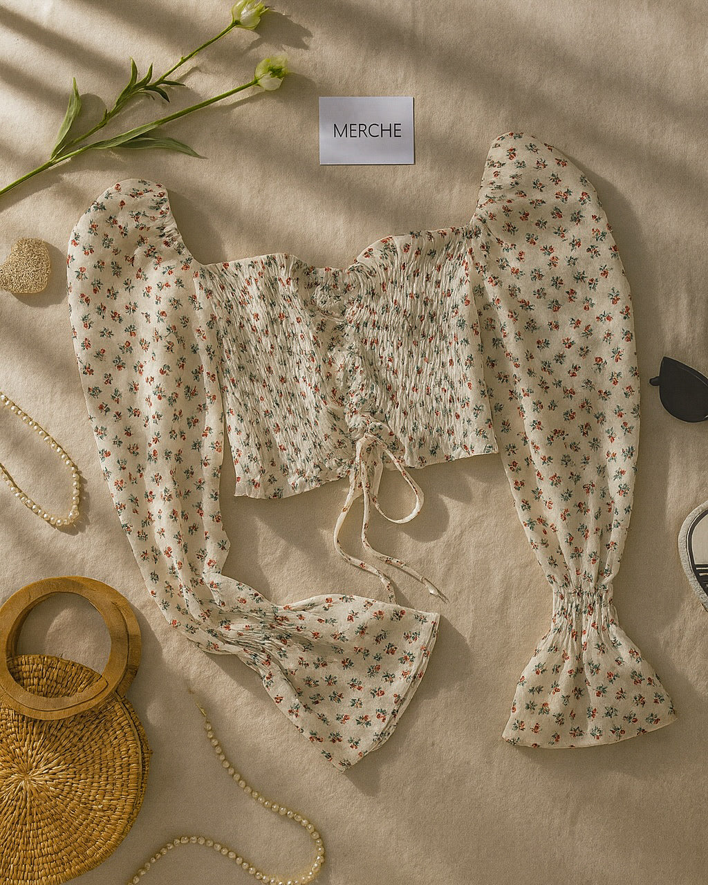 STREET ROMANCE SMOCKED FLORAL WHITE TOP”