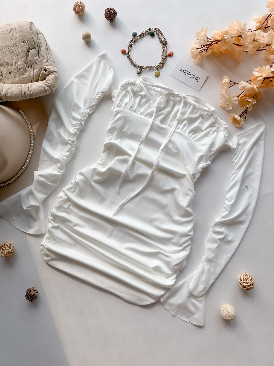 SUNSET MEMORY WHITE SLASH NECK DRESS