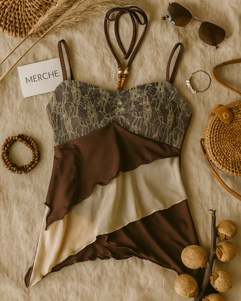 COSMIC ROMANCE LACE DETAIL BROWN TOP