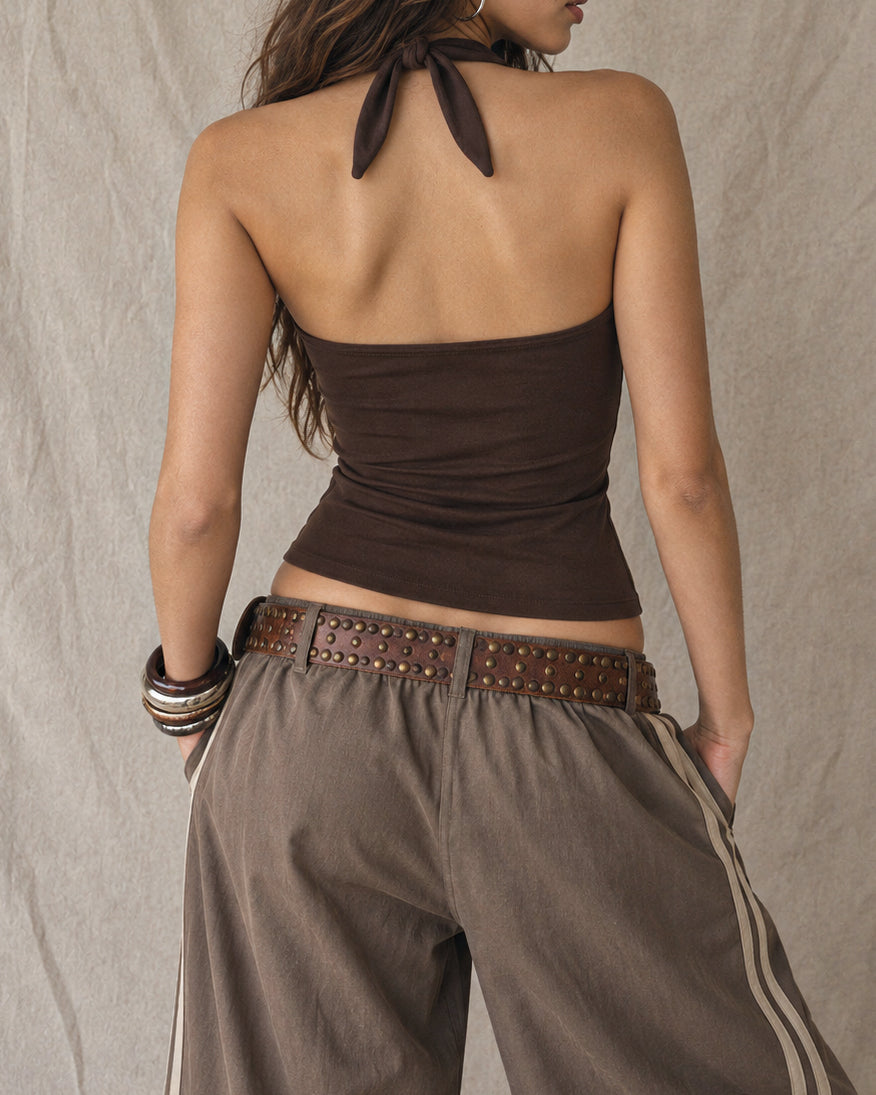 BOHO BABE EMBROIDERED BROWN HALTERNECK TOP