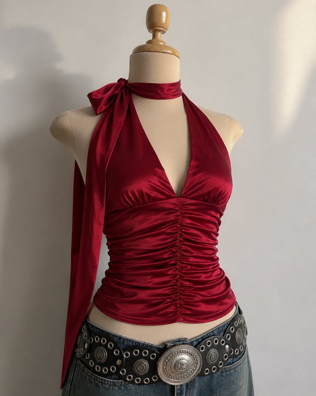 BFF TWINNING LUXE SATIN LONG STRAPS HALTERNECK BERRY RED TOP