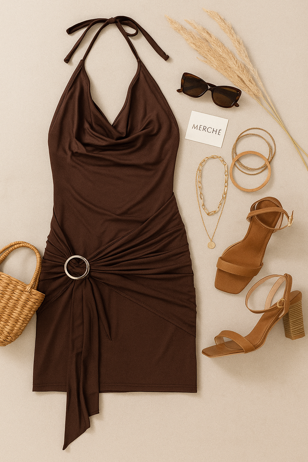 DATING FOR FUN BROWN HALTERNECK DRESS