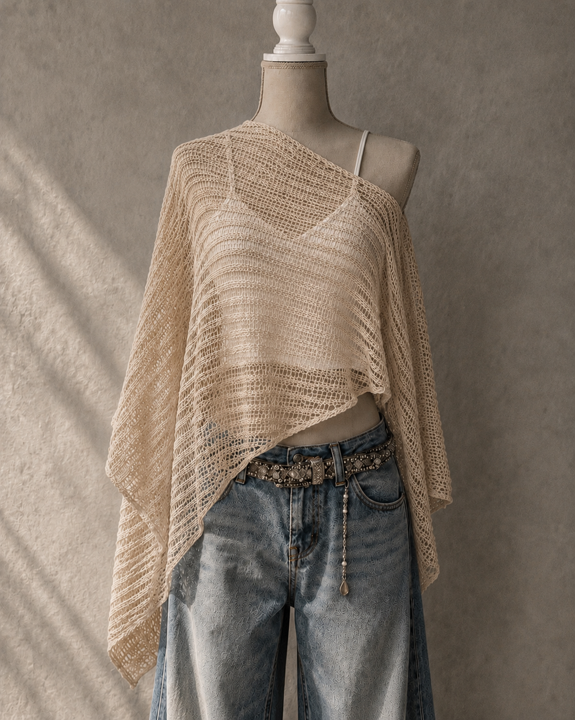BOHO DREAMS KNITTED PONCHO BEIGE TOP