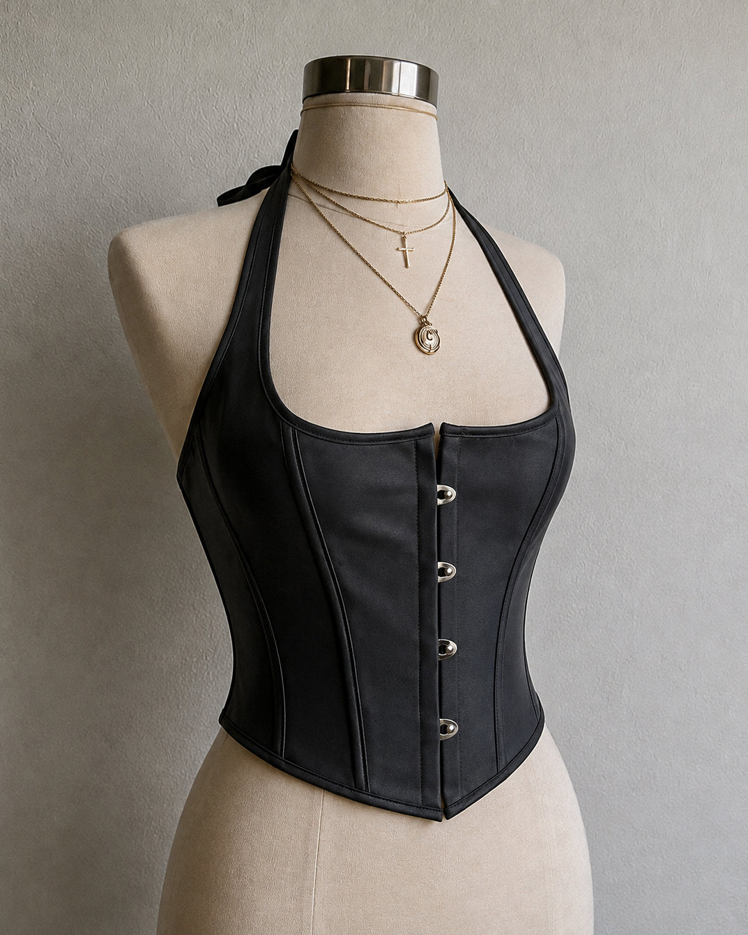 BAY OF GLAM BONING DETAIL CORSETED HALTERNECK TOP