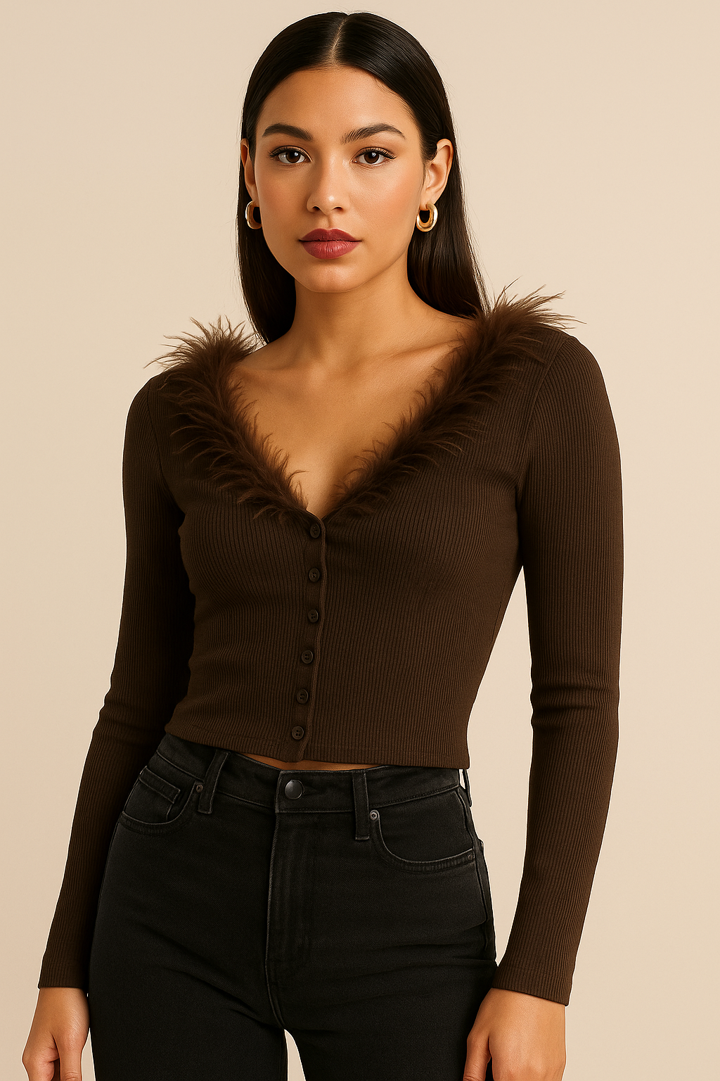 MARS IS MINE BROWN FAUX FUR TOP