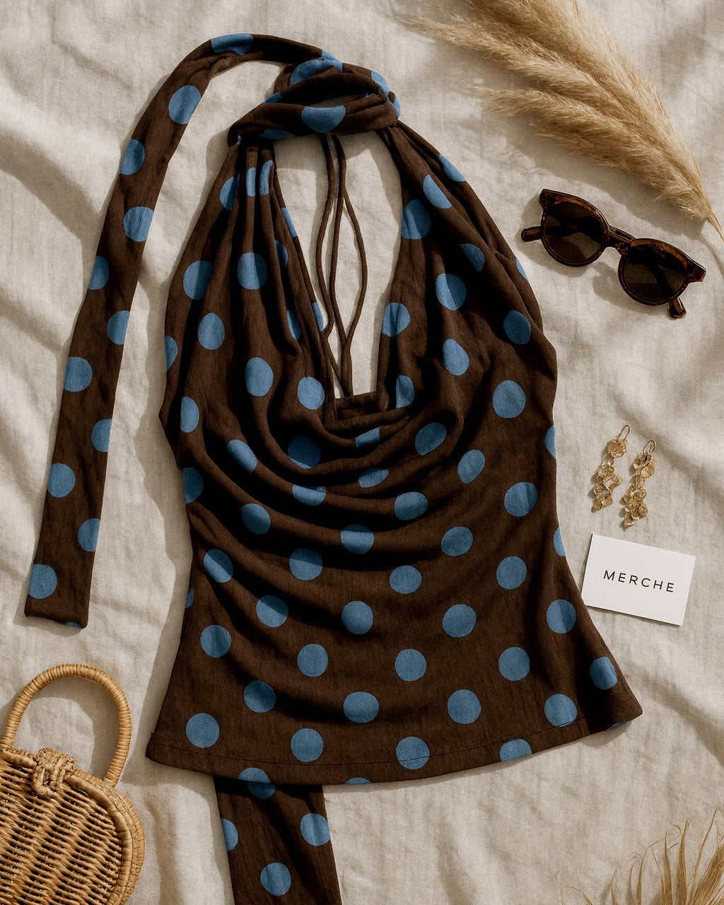 NIGHT DRILL POLKA COWL HALTERNECK TOP WITH PENCIL SCARF