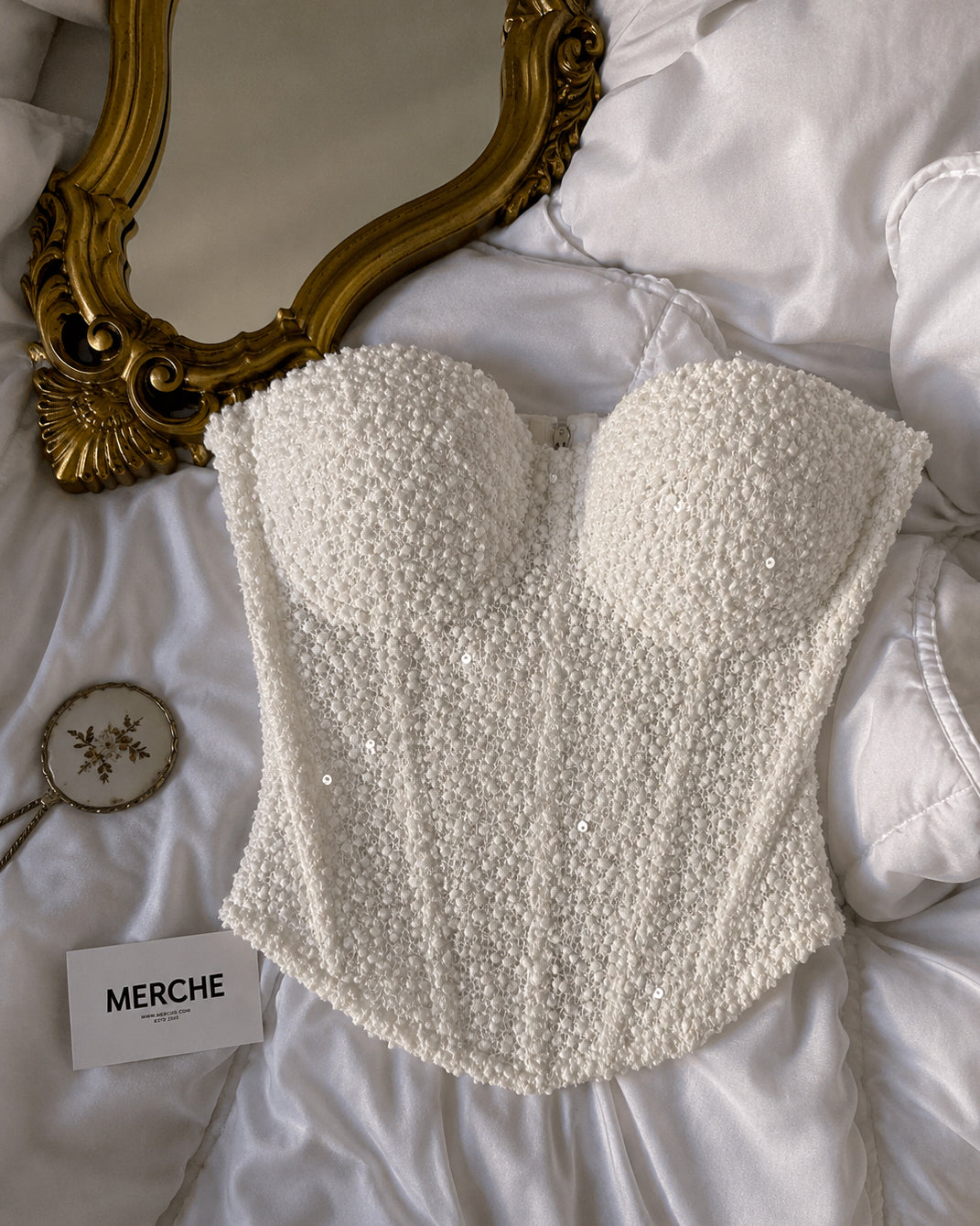 BLESS MY WARDROBE SEQUIN EMBELLISHED PADDED WHITE CORSET