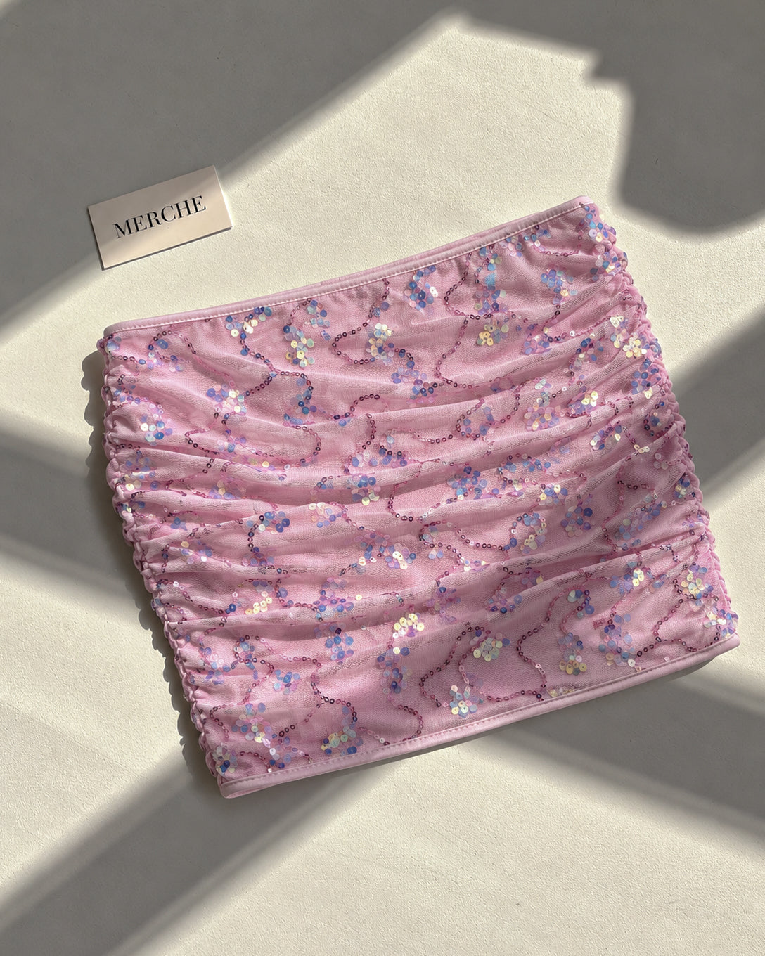 SIREN SEASON SEQUIN EMBELLISHED PINK RUCHED SKIRT