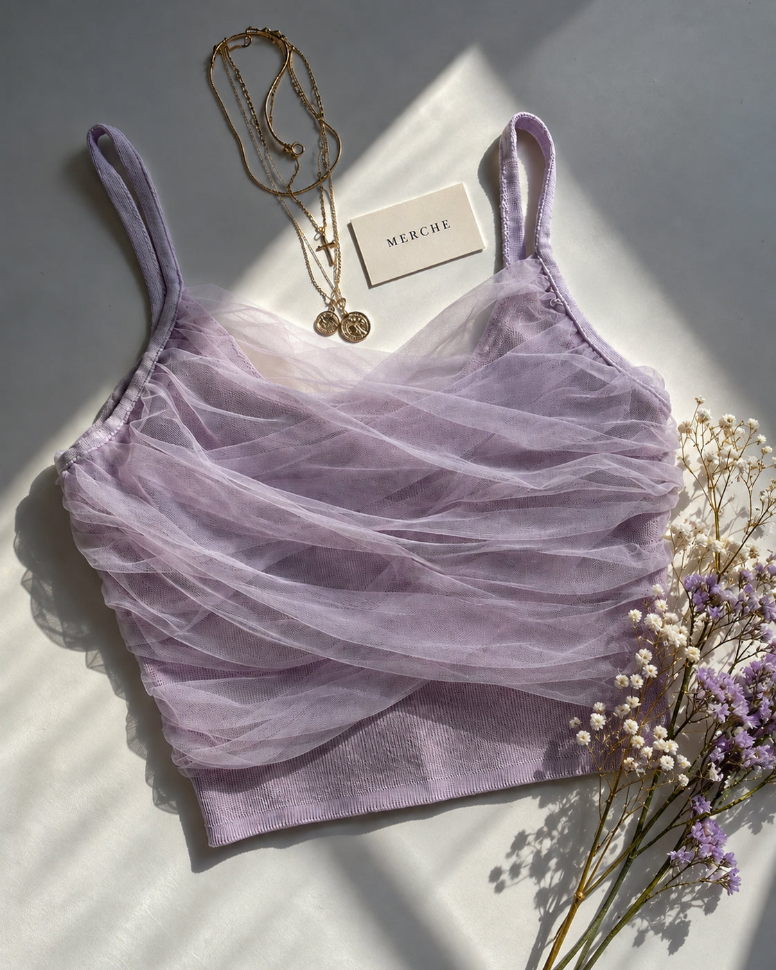 WINGS OF MINE MESH DRAPE LILAC CAMI TOP