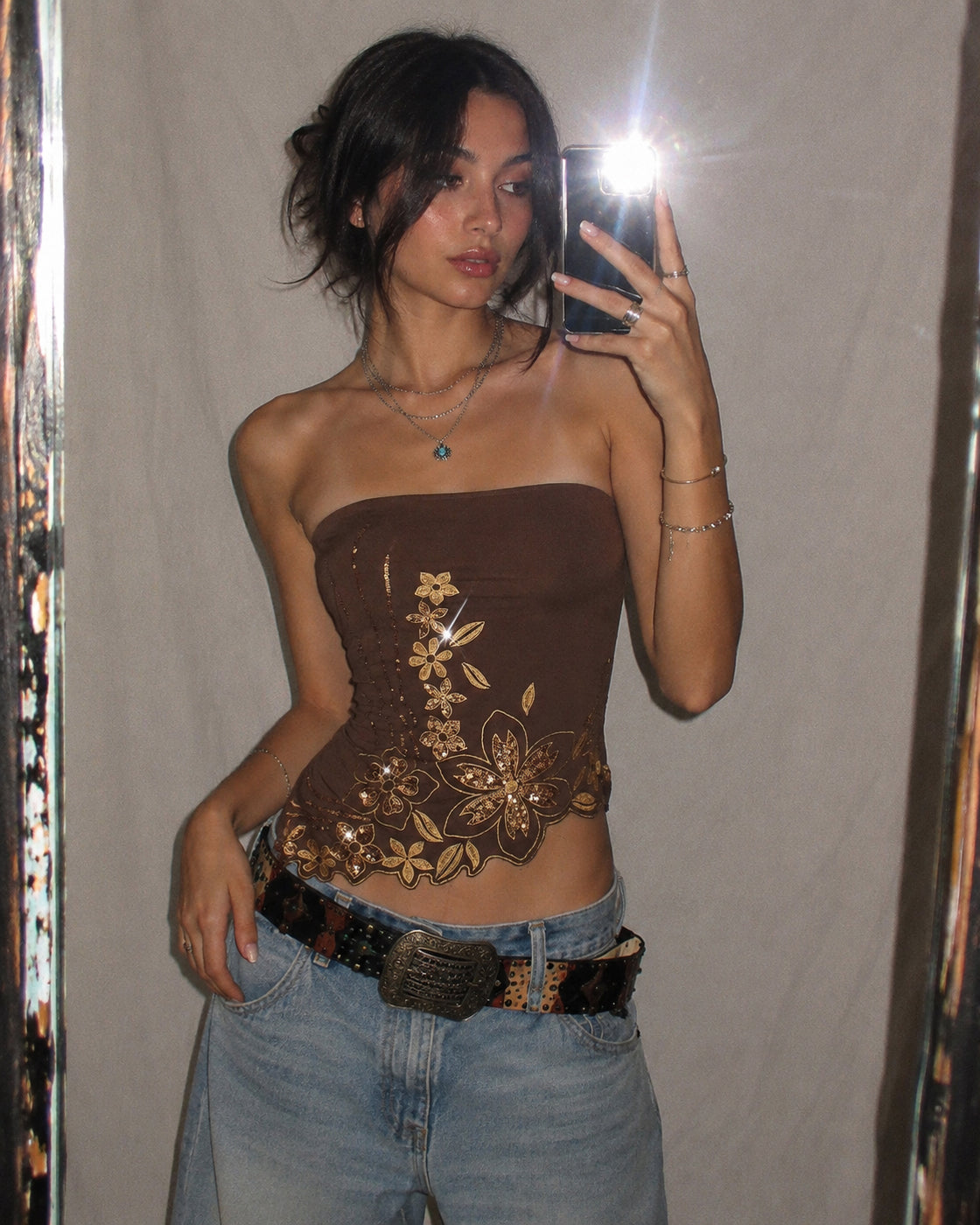 SECRETS OUT ASYMMETRICAL EMBROIDERED BANDEAU TOP