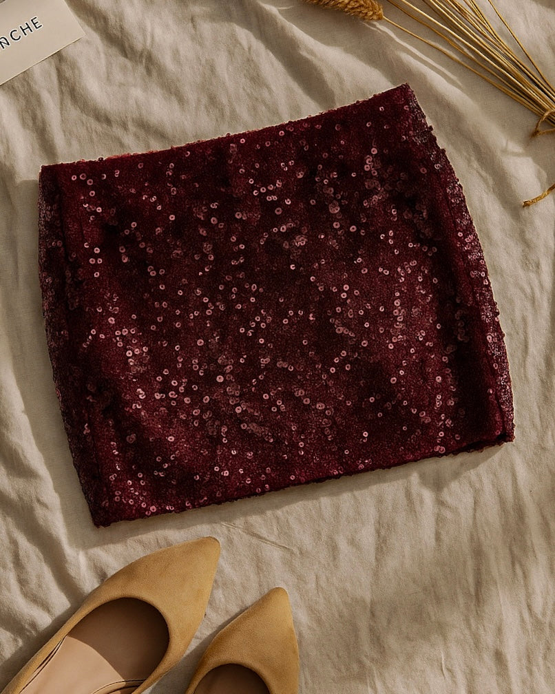 LOVE AND ANXIETY BURGUNDY SEQUIN EMBELLISHED MINI SKIRT