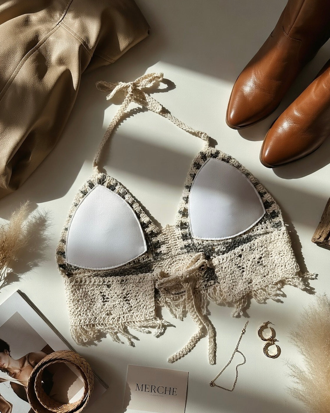 FORTUNE COOKIE CROCHET PADDED OLIVE FRINGE TOP