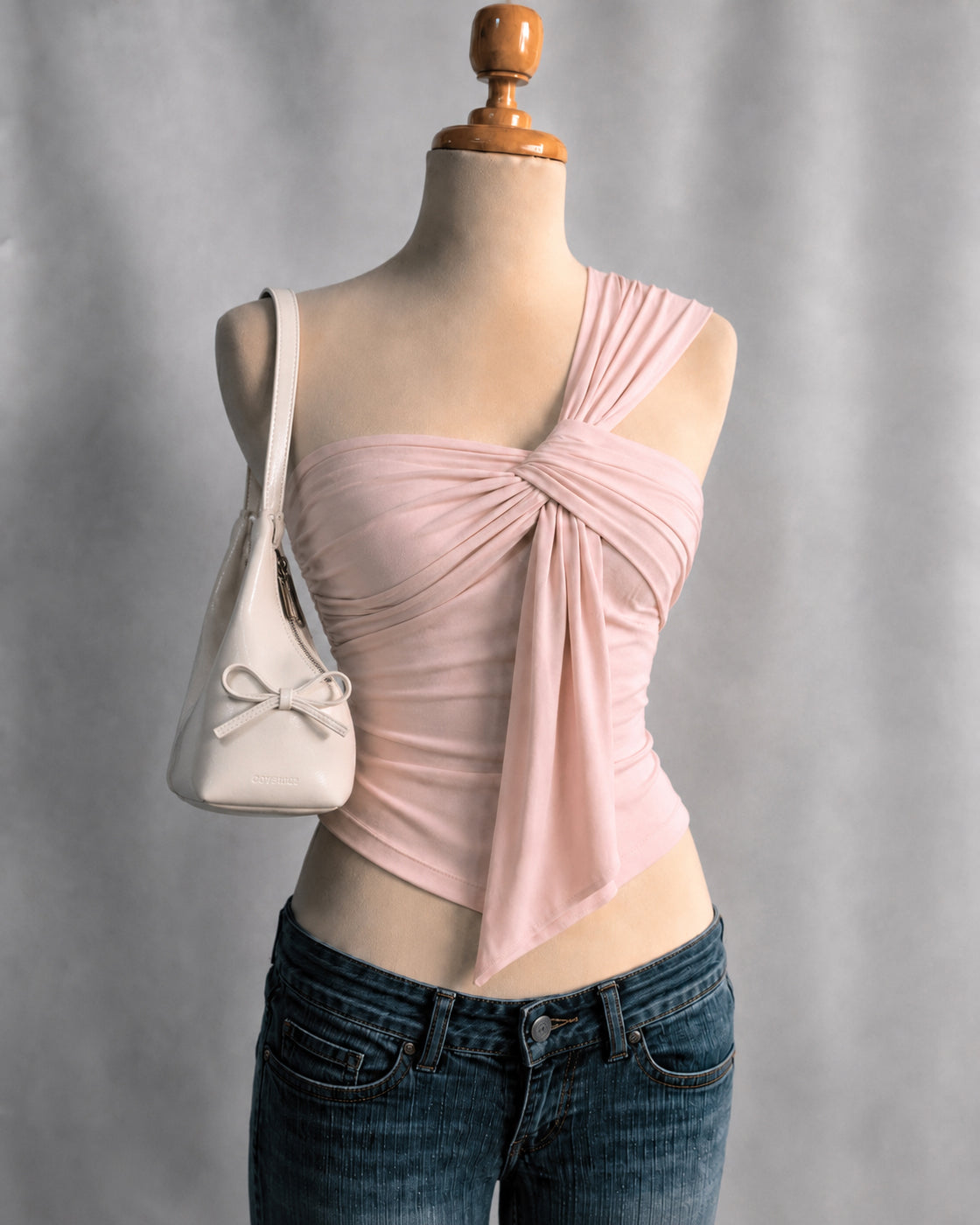 POST BREAKUP FIT DRAPED SHOULDER SOFT PINK ASYMMETRICAL TOP