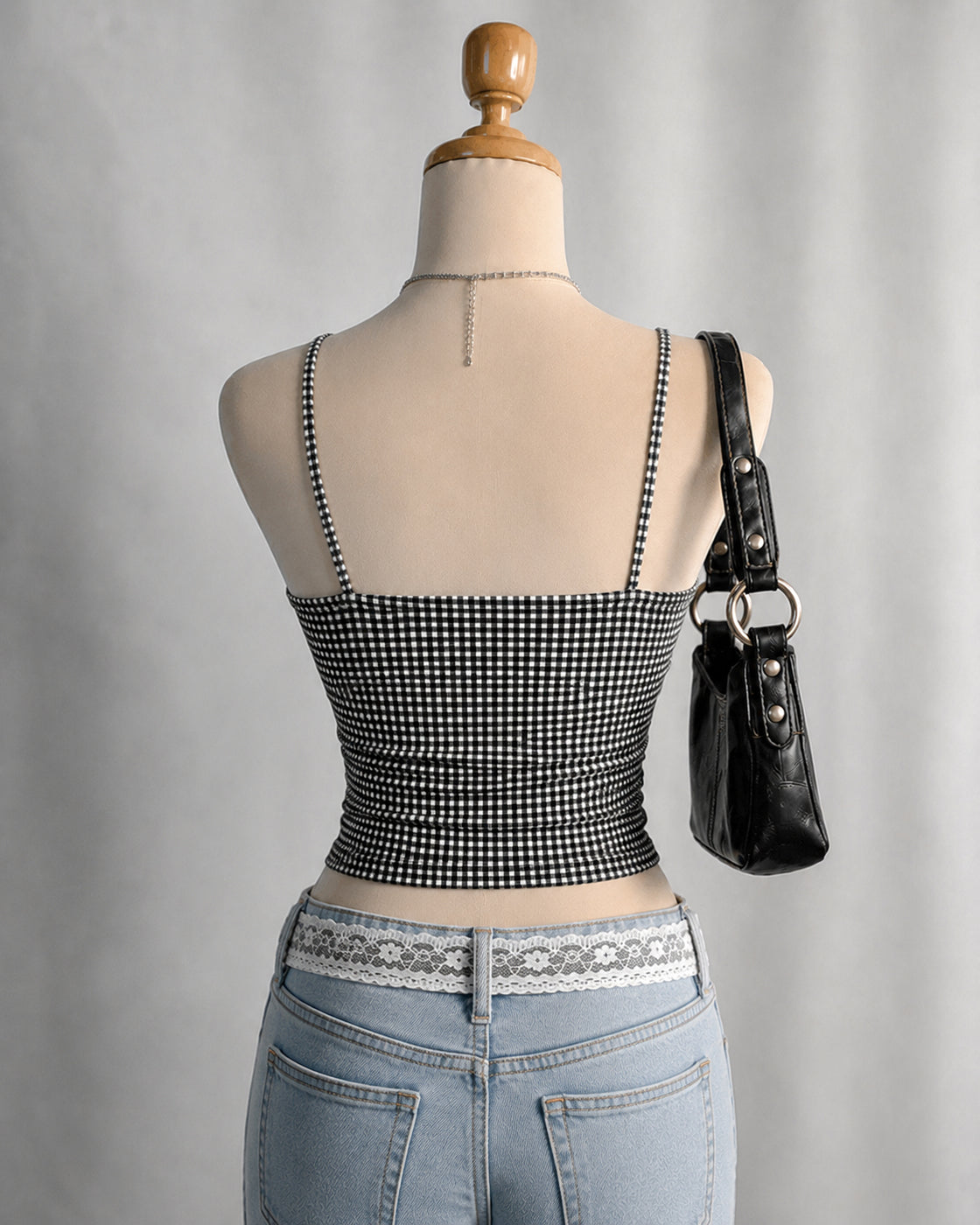 HIGH TEA GINGHAM LACEY CAMI TOP