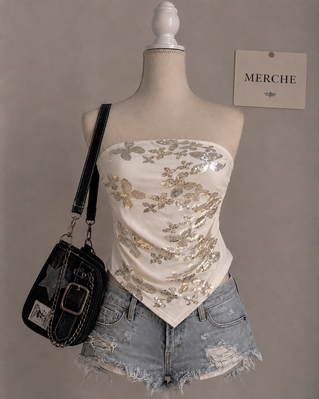 BUTTERFLIES AND EGO PADDED SEQUIN WHITE BANDEAU TOP