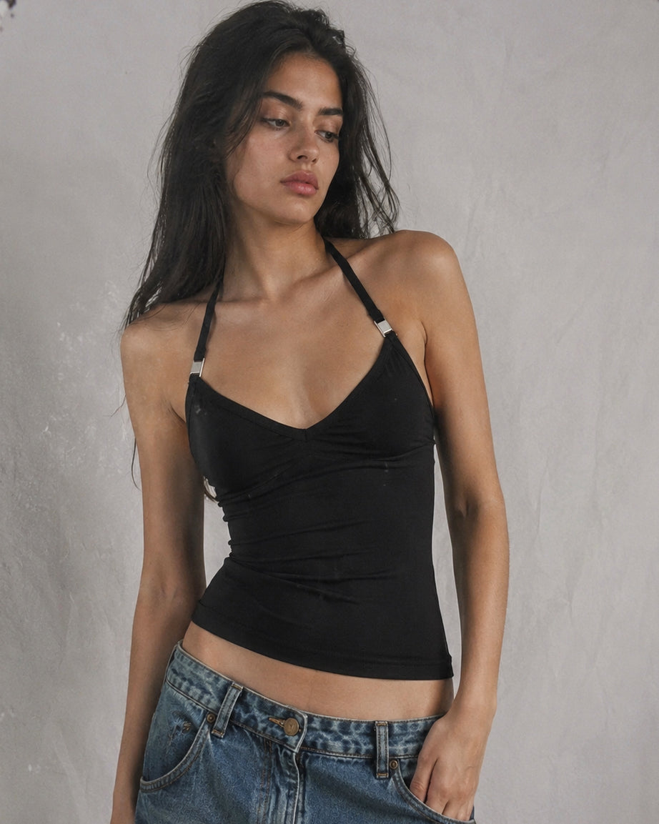 FRONT ROW METAL BUCKLE DETAIL BLACK HALTERNECK TOP