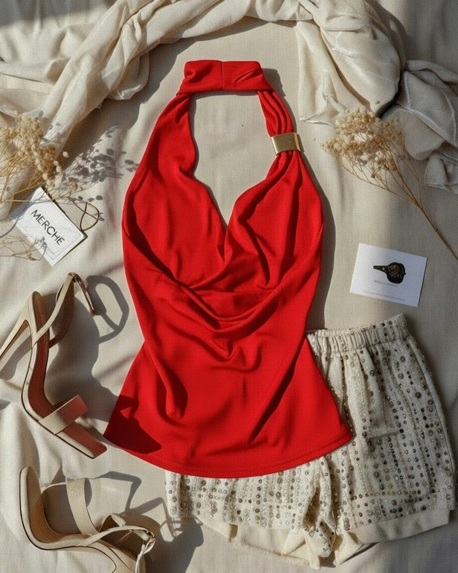 FOR THE GRAM COWL METAL DETAIL RED HALTERNECK TOP