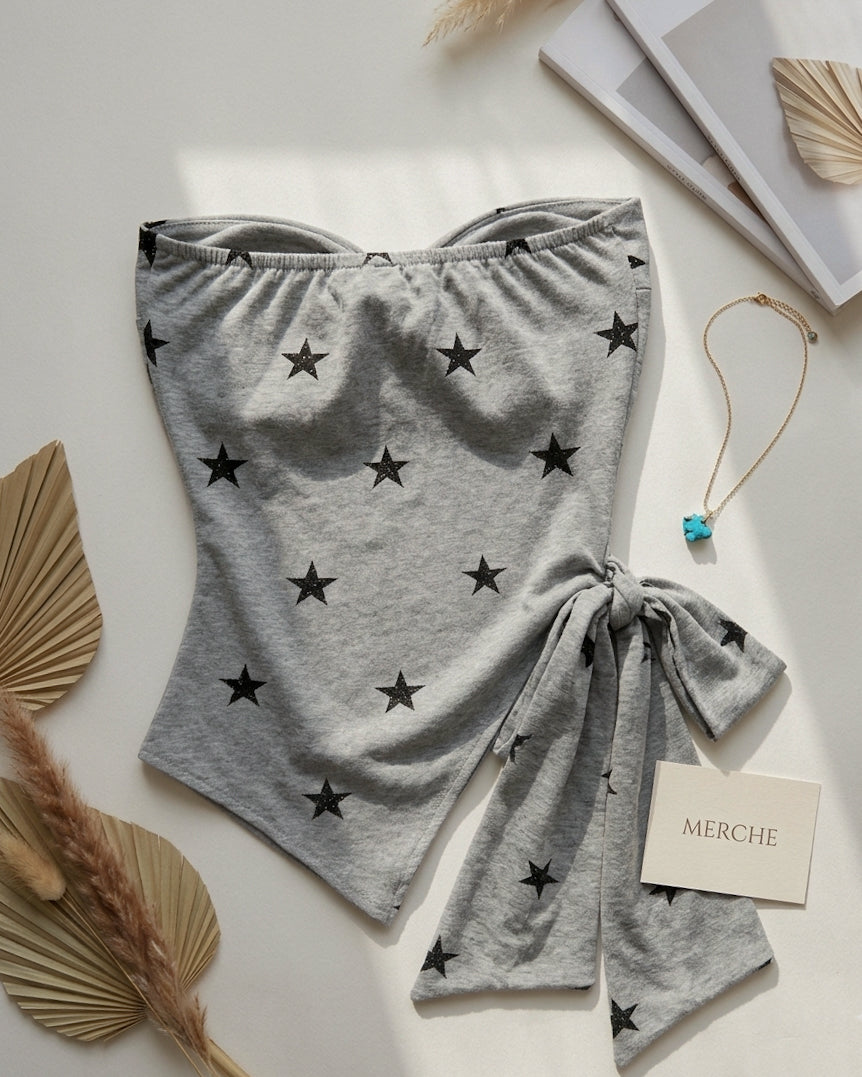 WRITTEN IN THE STARS PADDED TWISTED TIE-UP GREY BANDEAU TOP