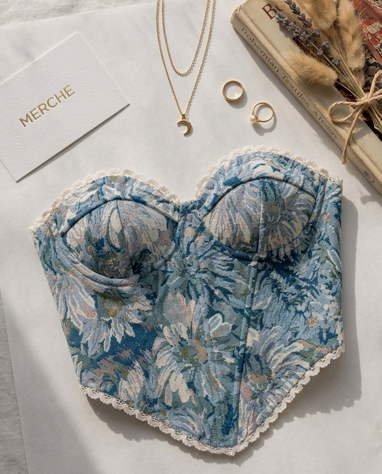 SOLIEL CHIC BLUE FLORAL JACQUARD CORSET