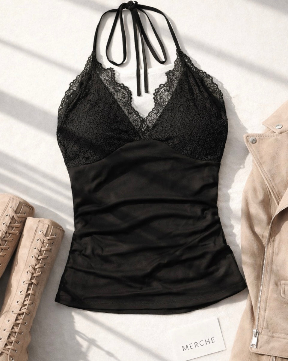 TAN SOLO LACEY LUXE BLACK HALTERNECK TOP