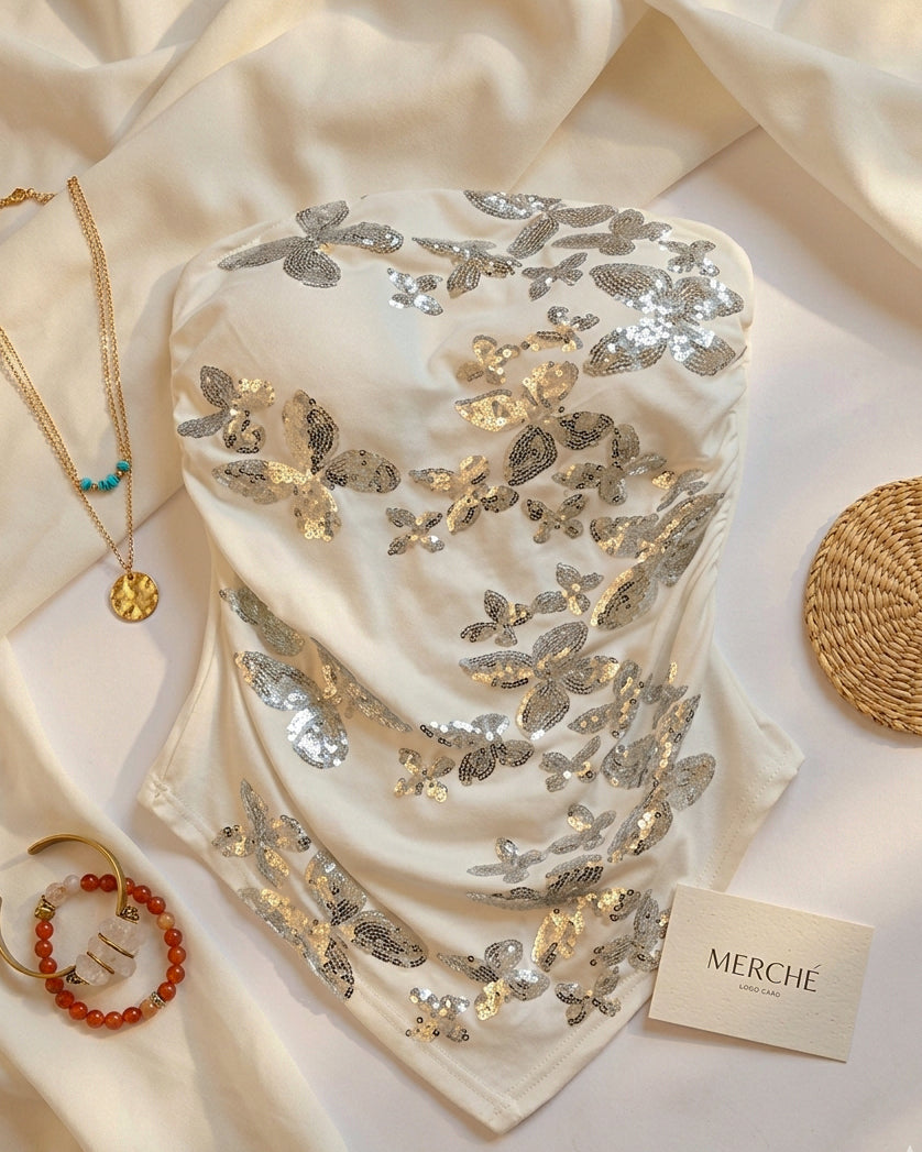 BUTTERFLIES AND EGO PADDED SEQUIN WHITE BANDEAU TOP