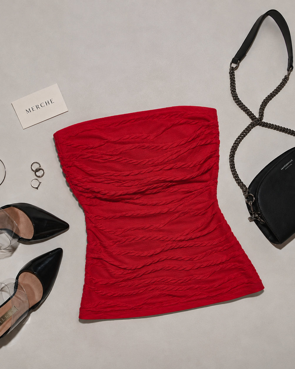 HELLO GOODBYE RED TEXTURED BANDEAU TOP