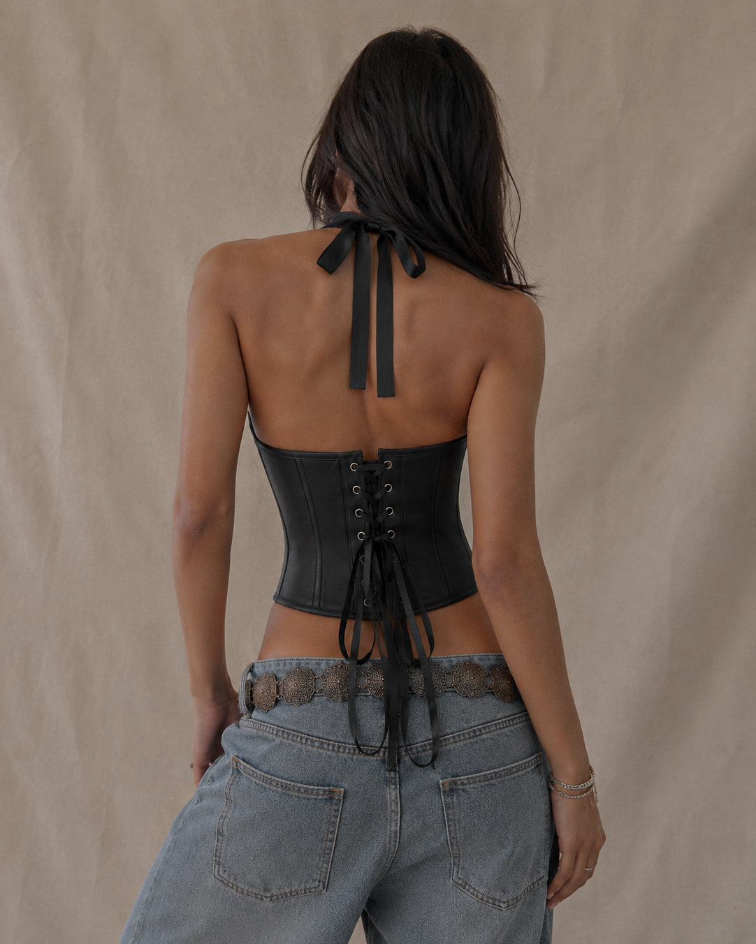 BAY OF GLAM BONING DETAIL CORSETED HALTERNECK TOP